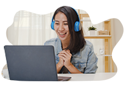 Woman with headphones teaching English online